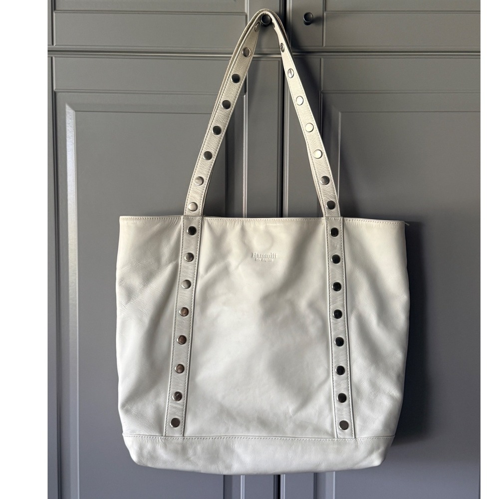 Hammitt Los Angeles Large Leather Studded Rivet Tote Shoulder Bag,White Silver